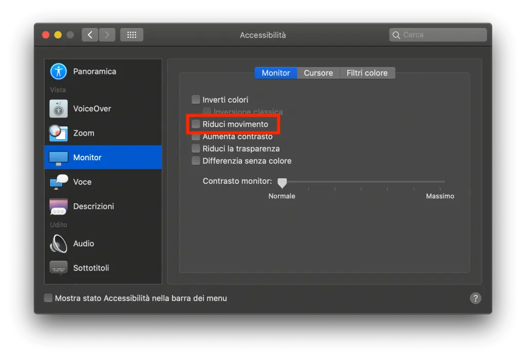 Pannello dell'accessibilità per la riduzione del movimento su MacOS